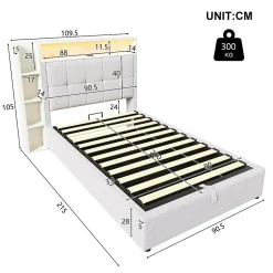 Lit coffre 90x200 cm enfant/ado - Lit Coffre Capitonné avec Rangement, LED et USB Type-C - Tissu Lin, Beige