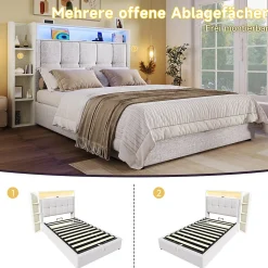 Lit coffre 90x200 cm enfant/ado - Lit Coffre Capitonné avec Rangement, LED et USB Type-C - Tissu Lin, Beige