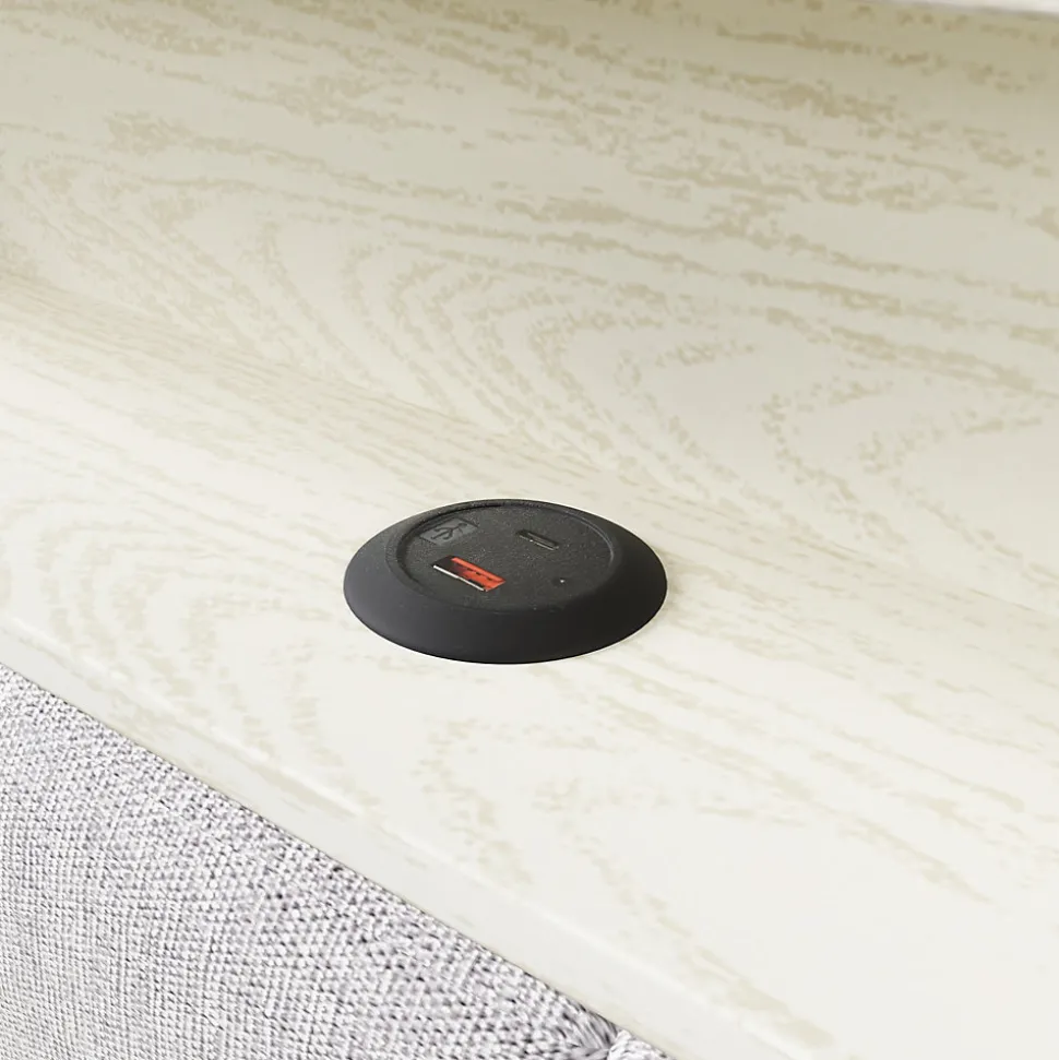 Lit coffre 90x200 cm enfant/ado - Lit Coffre Capitonné avec Rangement, LED et USB Type-C - Tissu Lin, Beige