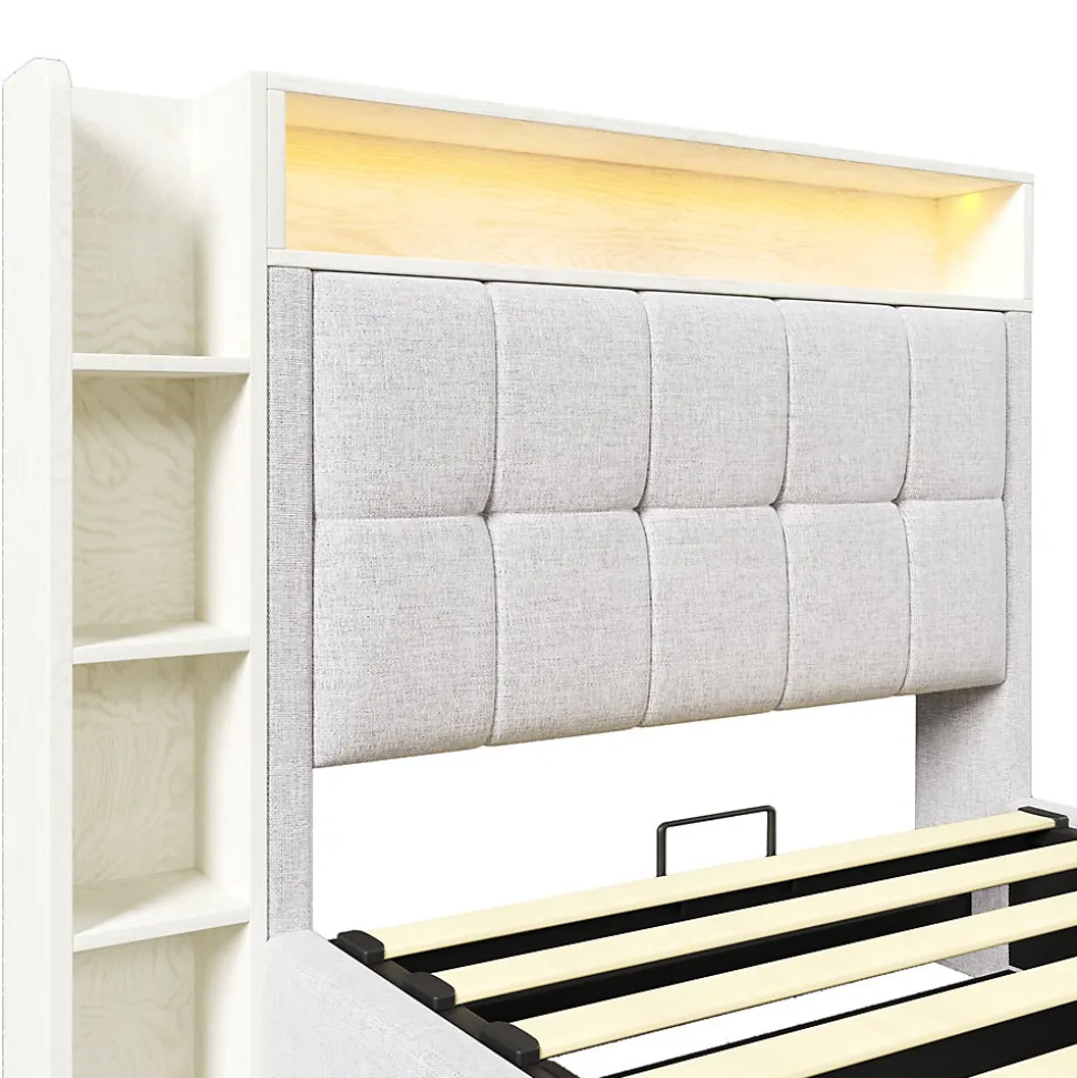 Lit coffre 90x200 cm enfant/ado - Lit Coffre Capitonné avec Rangement, LED et USB Type-C - Tissu Lin, Beige