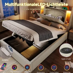 Lit coffre 90x200 cm enfant/ado - Coffre Capitonné avec Rangement, LED et Prise USB Type-C - Tissu Lin, Beige