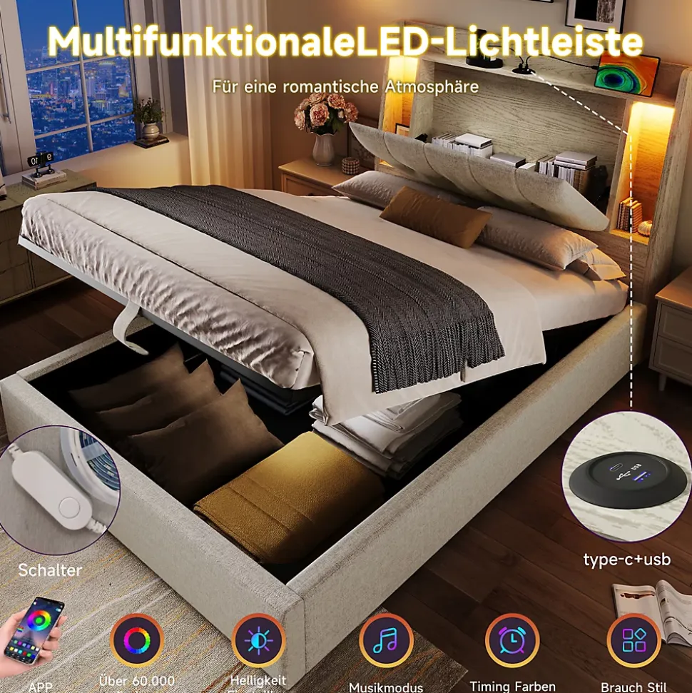 Lit coffre 90x200 cm enfant/ado - Coffre Capitonné avec Rangement, LED et Prise USB Type-C - Tissu Lin, Beige