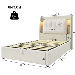 Lit coffre 90x200 cm enfant/ado - Coffre Capitonné avec Rangement, LED et Prise USB Type-C - Tissu Lin, Beige