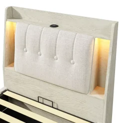 Lit coffre 90x200 cm enfant/ado - Coffre Capitonné avec Rangement, LED et Prise USB Type-C - Tissu Lin, Beige