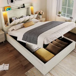 Lit coffre 90x200 cm enfant/ado - Coffre Capitonné avec Rangement, LED et Prise USB Type-C - Tissu Lin, Beige