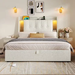 Lit coffre 90x200 cm enfant/ado - Coffre Capitonné avec Rangement, LED et Prise USB Type-C - Tissu Lin, Beige