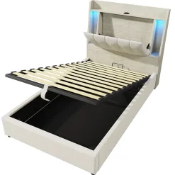 Lit coffre 90x200 cm enfant/ado - Coffre Capitonné avec Rangement, LED et Prise USB Type-C - Tissu Lin, Beige