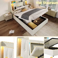 Lit coffre 90x200 cm enfant/ado - Coffre Capitonné avec Rangement, LED et Prise USB Type-C - Tissu Lin, Beige