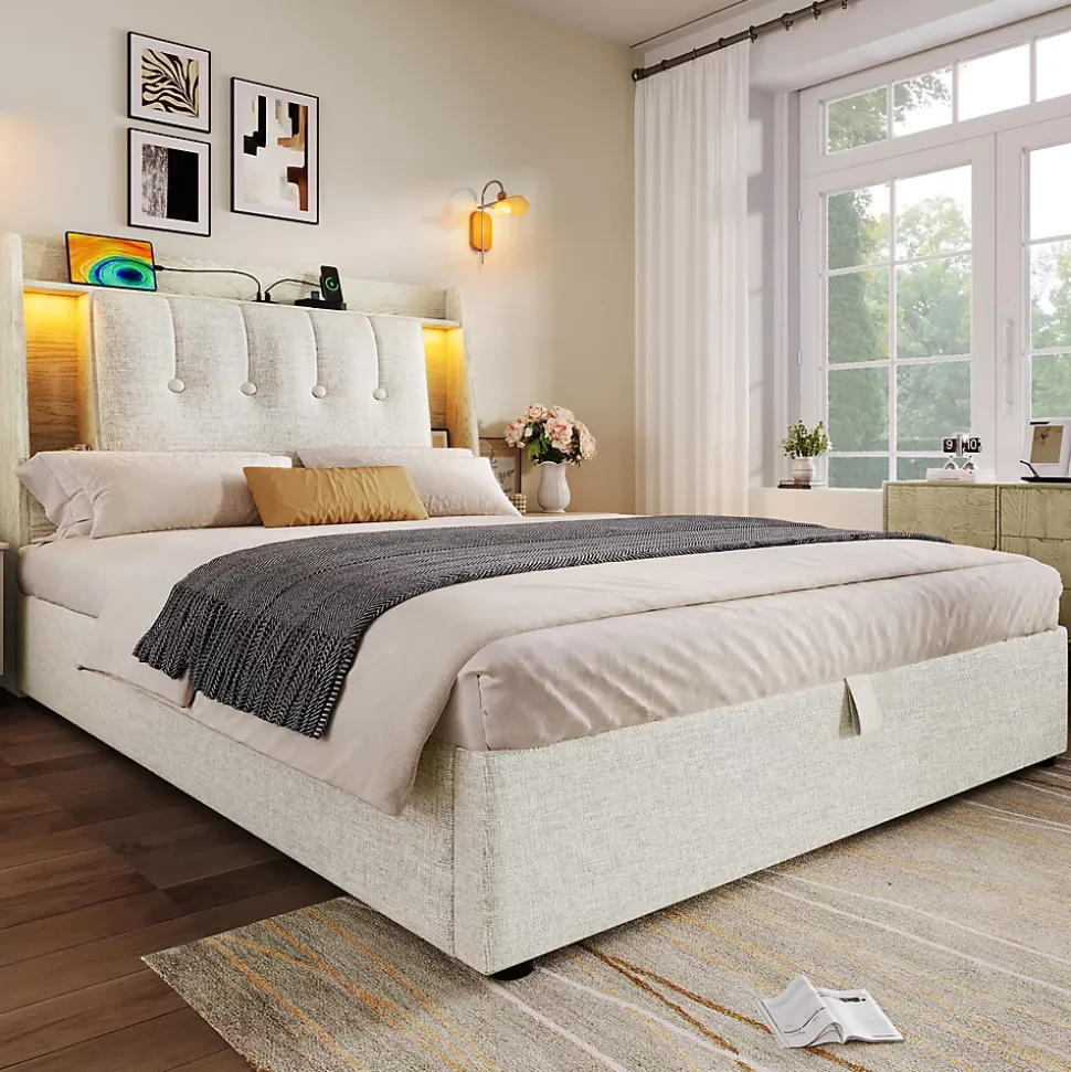 Lit coffre 90x200 cm enfant/ado - Coffre Capitonné avec Rangement, LED et Prise USB Type-C - Tissu Lin, Beige