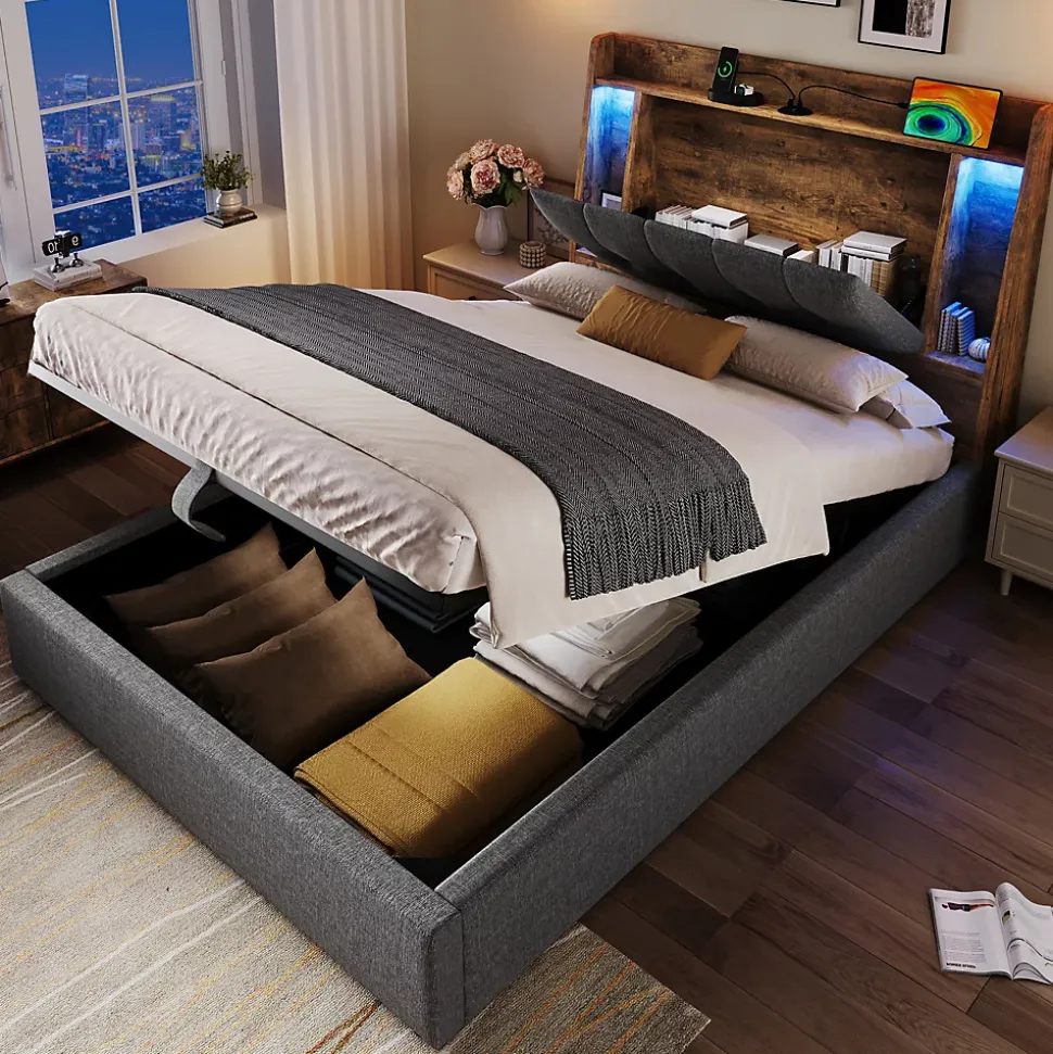 Lit coffre 90x200 cm enfant/ado - Coffre Capitonné avec Rangement, LED et USB Type-C - Tissu Lin, Gris