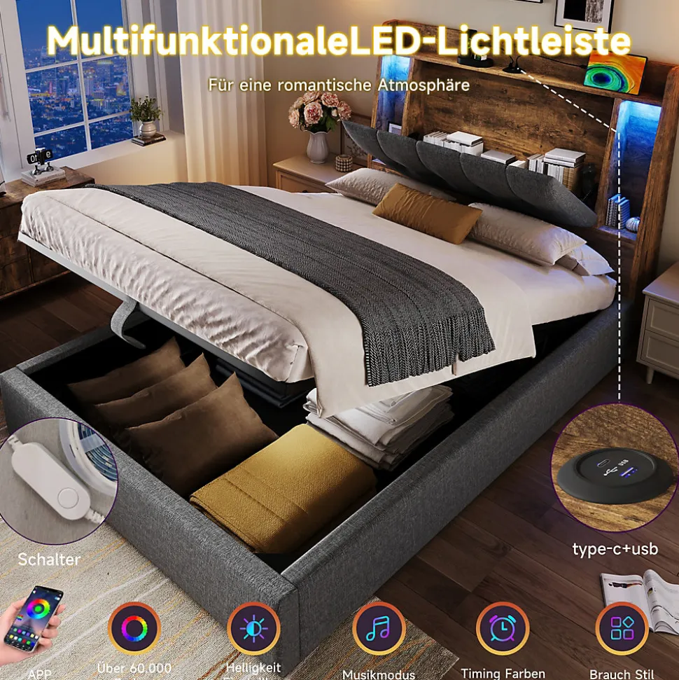 Lit coffre 90x200 cm enfant/ado - Coffre Capitonné avec Rangement, LED et USB Type-C - Tissu Lin, Gris