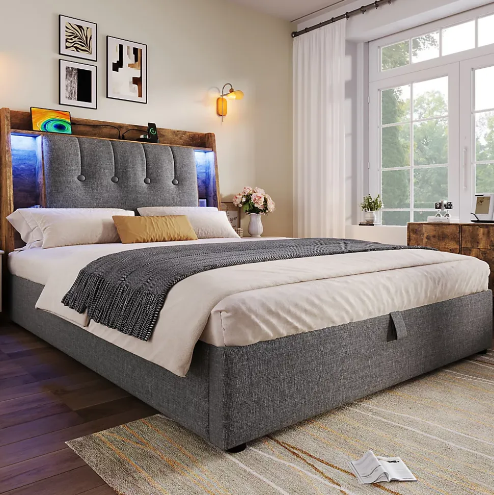 Lit coffre 90x200 cm enfant/ado - Coffre Capitonné avec Rangement, LED et USB Type-C - Tissu Lin, Gris