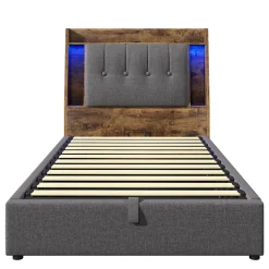 Lit coffre 90x200 cm enfant/ado - Coffre Capitonné avec Rangement, LED et USB Type-C - Tissu Lin, Gris