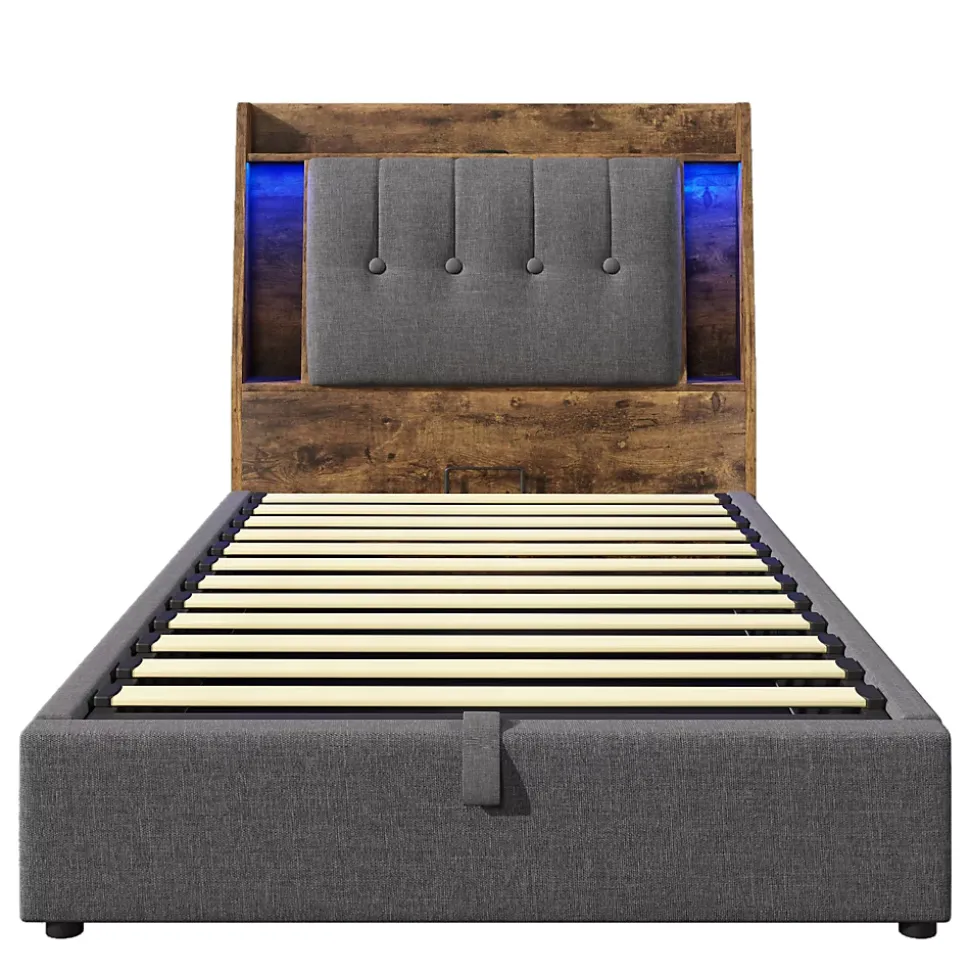 Lit coffre 90x200 cm enfant/ado - Coffre Capitonné avec Rangement, LED et USB Type-C - Tissu Lin, Gris