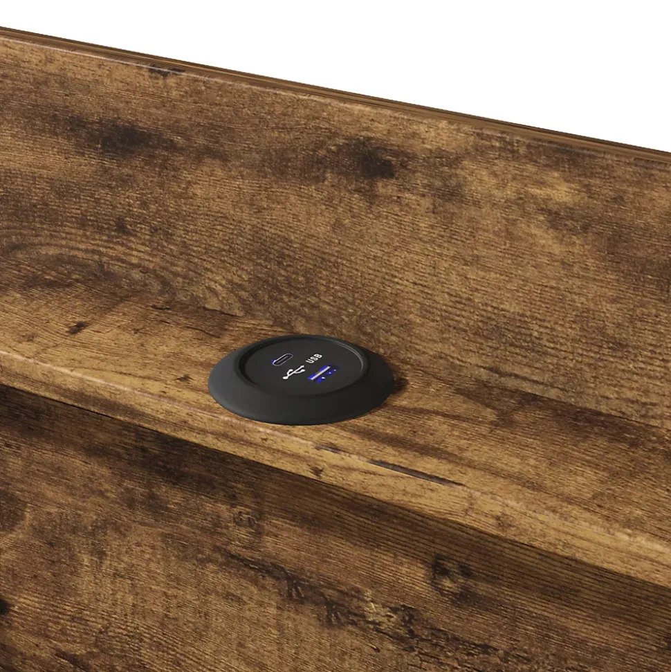 Lit coffre 90x200 cm enfant/ado - Coffre Capitonné avec Rangement, LED et USB Type-C - Tissu Lin, Gris