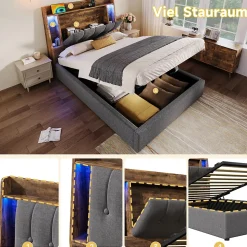 Lit coffre 90x200 cm enfant/ado - Coffre Capitonné avec Rangement, LED et USB Type-C - Tissu Lin, Gris