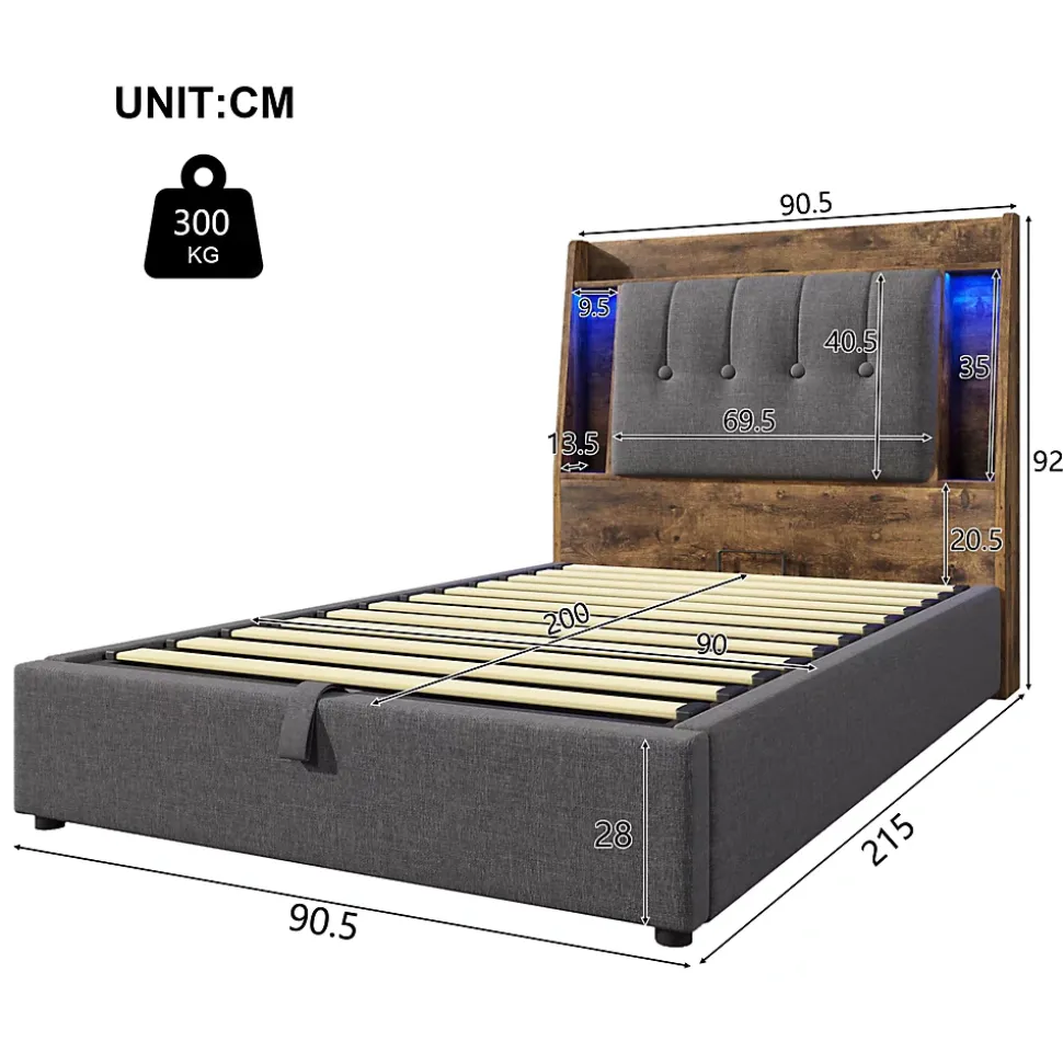 Lit coffre 90x200 cm enfant/ado - Coffre Capitonné avec Rangement, LED et USB Type-C - Tissu Lin, Gris
