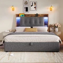 Lit coffre 90x200 cm enfant/ado - Coffre Capitonné avec Rangement, LED et USB Type-C - Tissu Lin, Gris