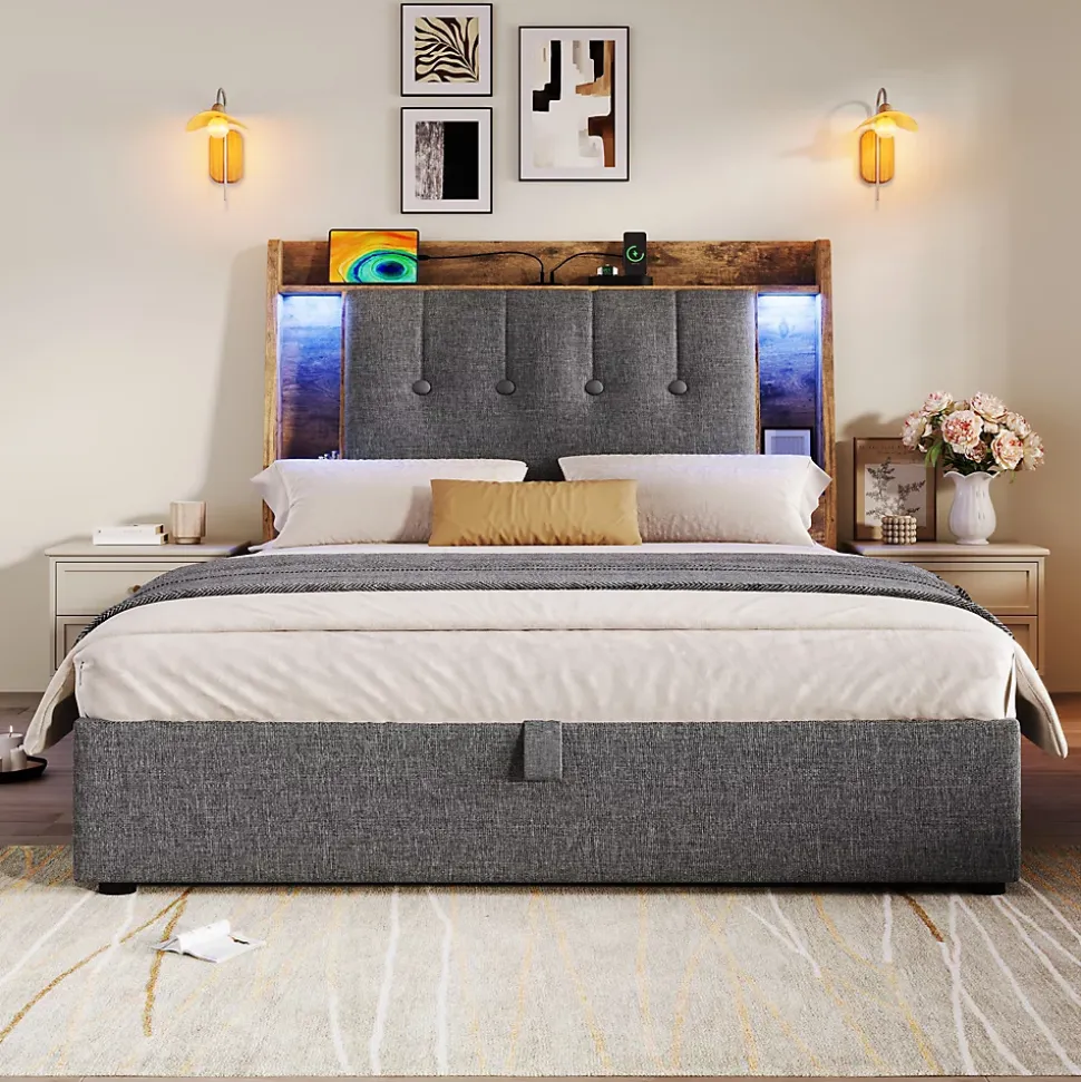 Lit coffre 90x200 cm enfant/ado - Coffre Capitonné avec Rangement, LED et USB Type-C - Tissu Lin, Gris