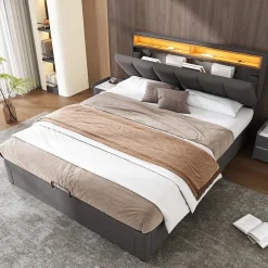 Lit coffre 140x190 cm gris avec LED, rangement hydraulique, tiroirs et compartiments, tête rembourrée escamotable, cadre acier