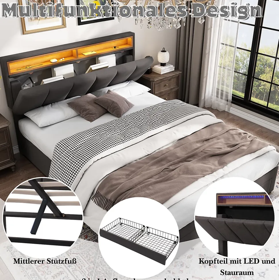 Lit coffre 140x190 cm gris avec LED, rangement hydraulique, tiroirs et compartiments, tête rembourrée escamotable, cadre acier