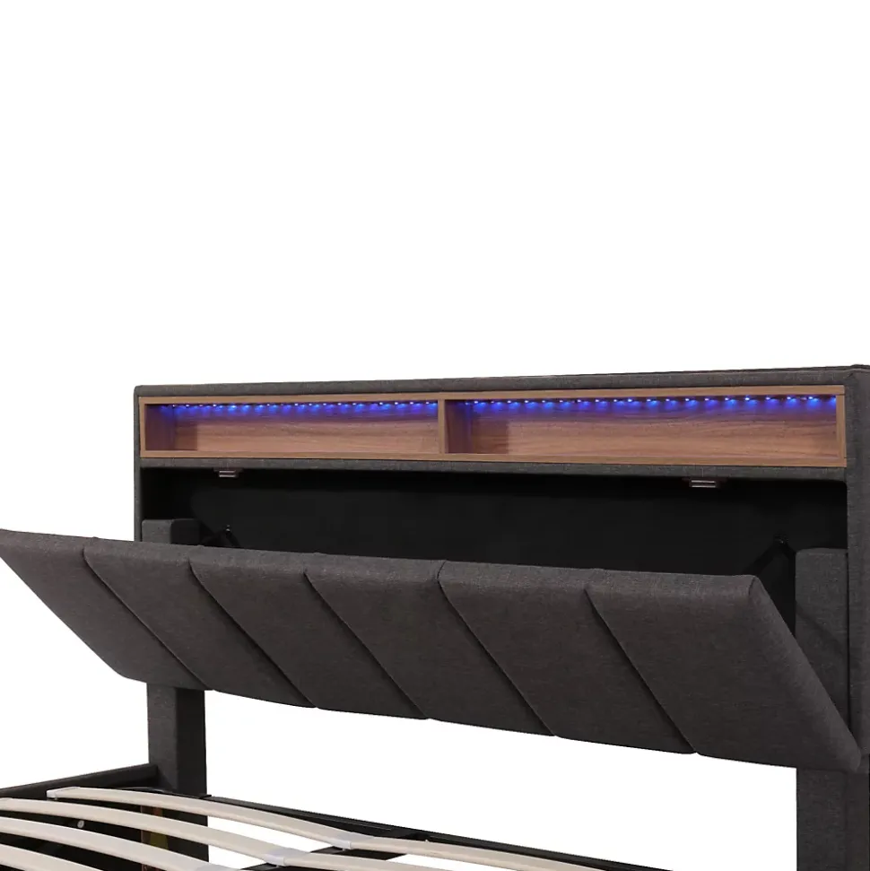 Lit coffre 140x190 cm gris avec LED, rangement hydraulique, tiroirs et compartiments, tête rembourrée escamotable, cadre acier