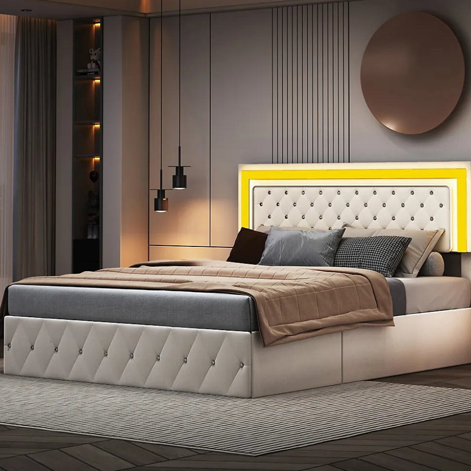 Lit coffre 140x200 cm, LED, sommier à lattes, tête de lit réglable, rangement, beige.