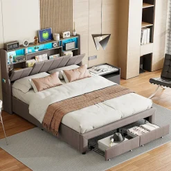 Lit Coffre 160x200 cm Lin Gris, LED, Charge USB, Rembourré, Rangement, Tête de lit, Sommier à Lattes, 2 Personnes