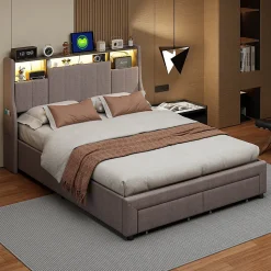 Lit Coffre 160x200 cm Lin Gris, LED, Charge USB, Rembourré, Rangement, Tête de lit, Sommier à Lattes, 2 Personnes