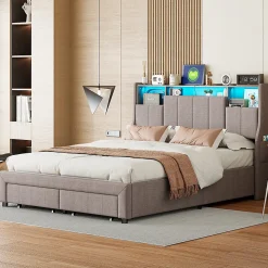 Lit Coffre 160x200 cm Lin Gris, LED, Charge USB, Rembourré, Rangement, Tête de lit, Sommier à Lattes, 2 Personnes