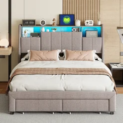 Lit Coffre 160x200 cm Lin Gris, LED, Charge USB, Rembourré, Rangement, Tête de lit, Sommier à Lattes, 2 Personnes