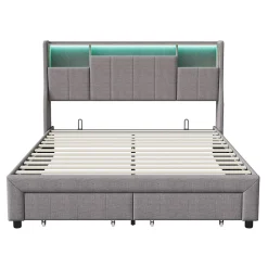 Lit Coffre 160x200 cm Lin Gris, LED, Charge USB, Rembourré, Rangement, Tête de lit, Sommier à Lattes, 2 Personnes