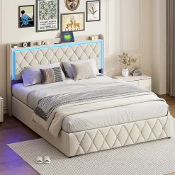 Lit Coffre 140x200 Cm, Lit Capitonné Avec Rangement Et USB De Type C, LED, Velours, Beige