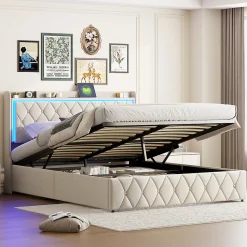 Lit Coffre 160x200 Cm, Lit Capitonné Avec Rangement Et USB De Type C, LED, Velours, Beige
