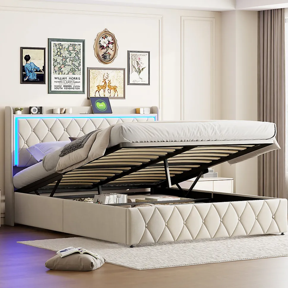 Lit Coffre 160x200 Cm, Lit Capitonné Avec Rangement Et USB De Type C, LED, Velours, Beige