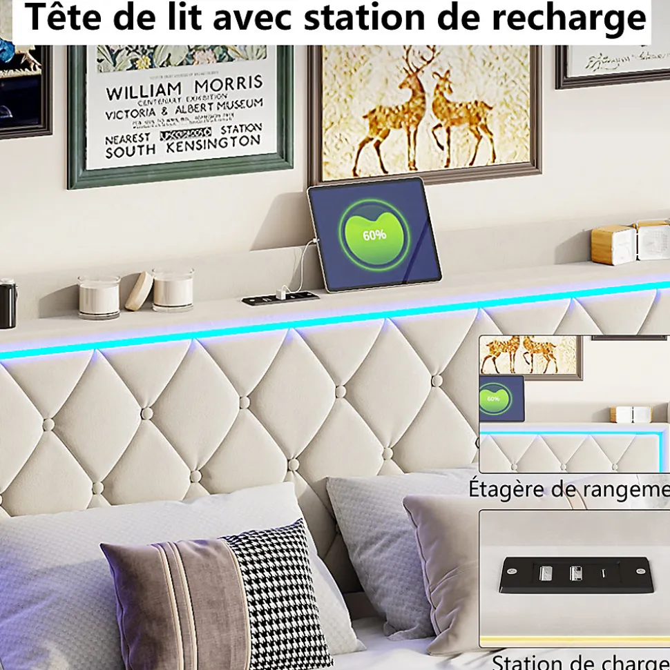 Lit Coffre 160x200 Cm, Lit Capitonné Avec Rangement Et USB De Type C, LED, Velours, Beige