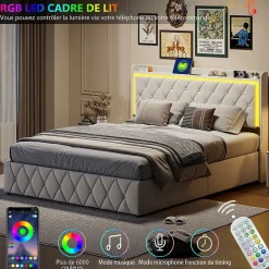 Lit Coffre 160x200 Cm, Lit Capitonné Avec Rangement Et USB De Type C, LED, Velours, Beige