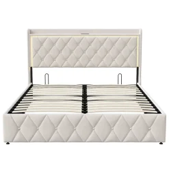 Lit Coffre 160x200 Cm, Lit Capitonné Avec Rangement Et USB De Type C, LED, Velours, Beige