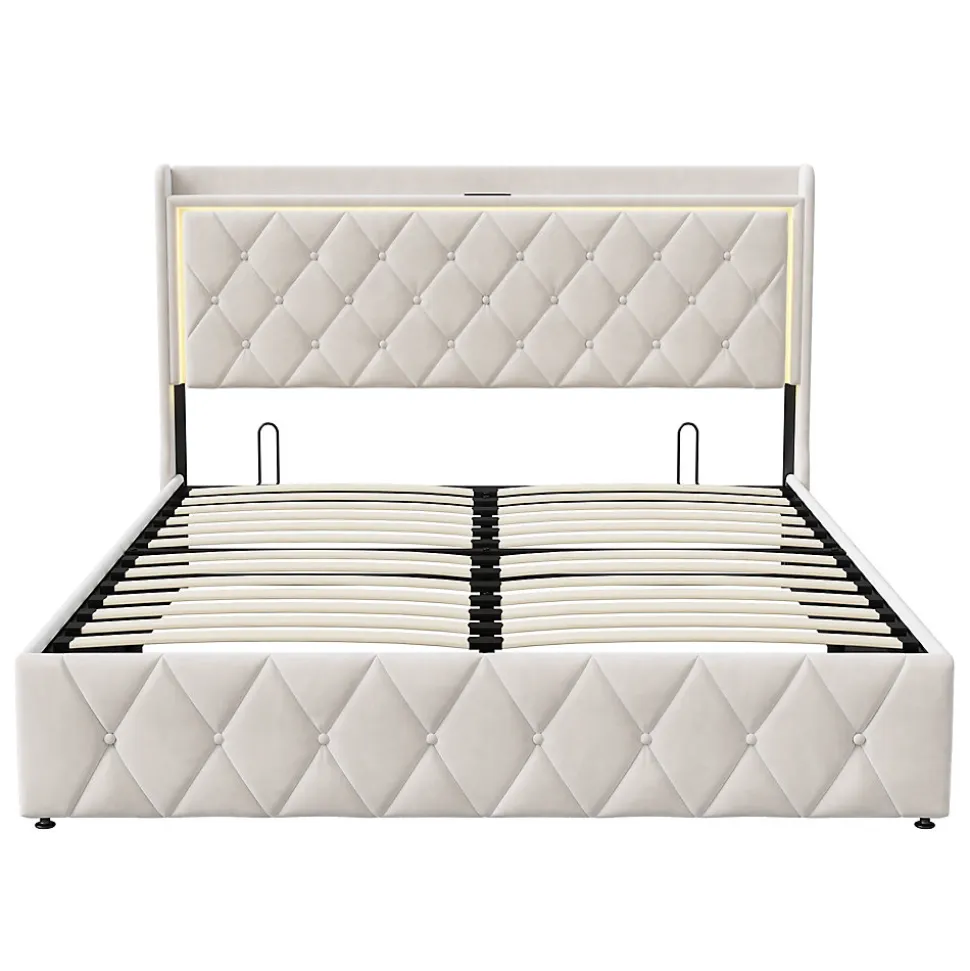 Lit Coffre 160x200 Cm, Lit Capitonné Avec Rangement Et USB De Type C, LED, Velours, Beige