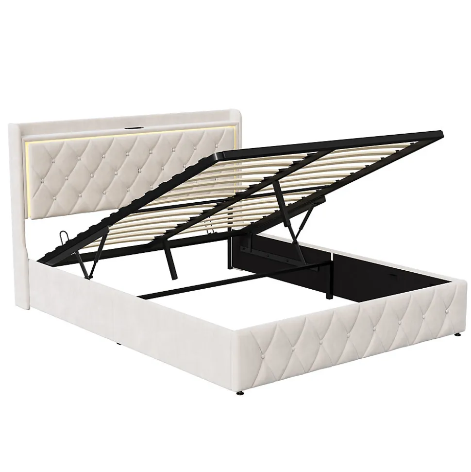Lit Coffre 160x200 Cm, Lit Capitonné Avec Rangement Et USB De Type C, LED, Velours, Beige