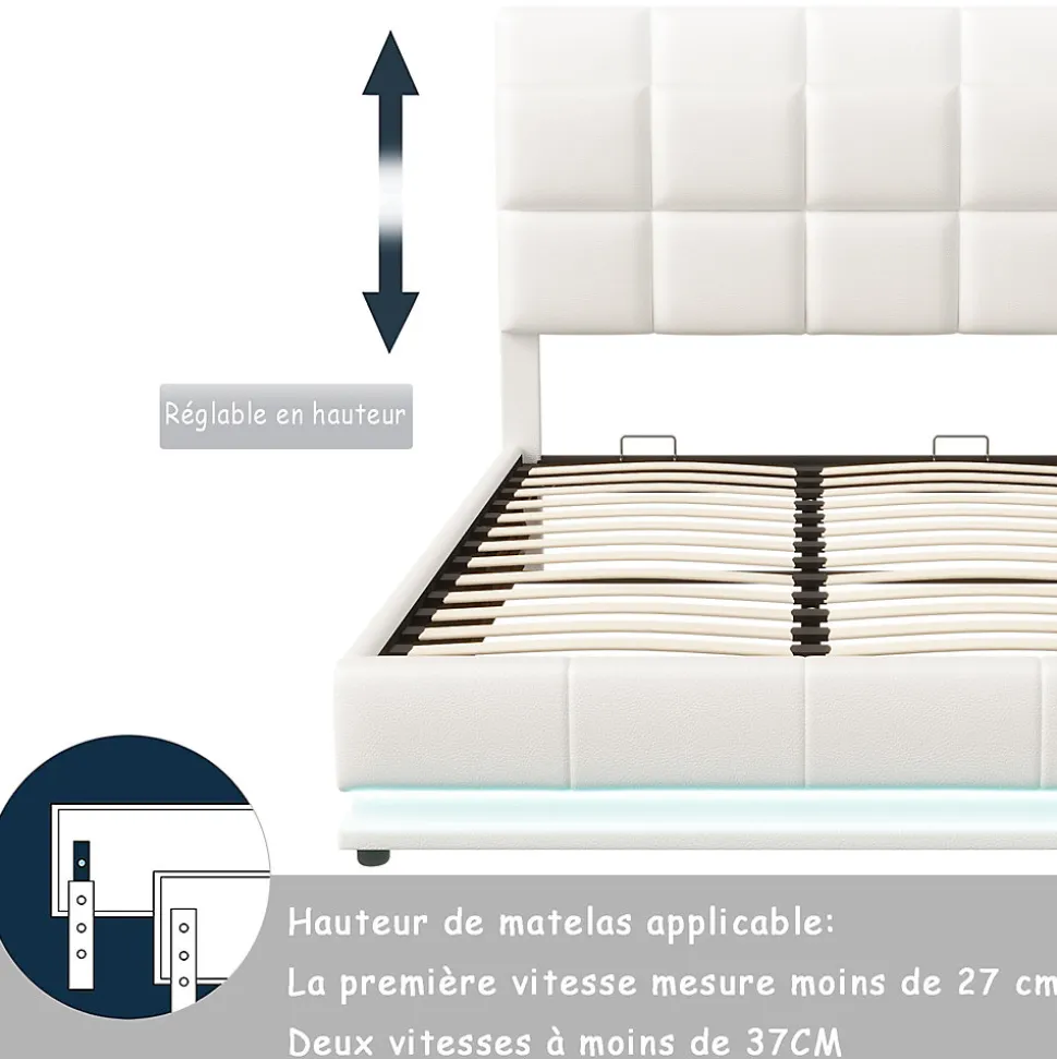 Lit coffre 140x190 cm, Lit doub LED capitonné relevable hydraulique avec sommier à lattes, Blanc
