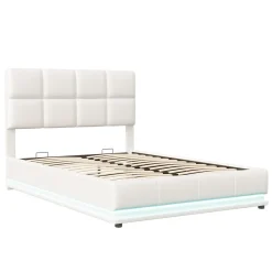 Lit coffre 140x190 cm, Lit doub LED capitonné relevable hydraulique avec sommier à lattes, Blanc