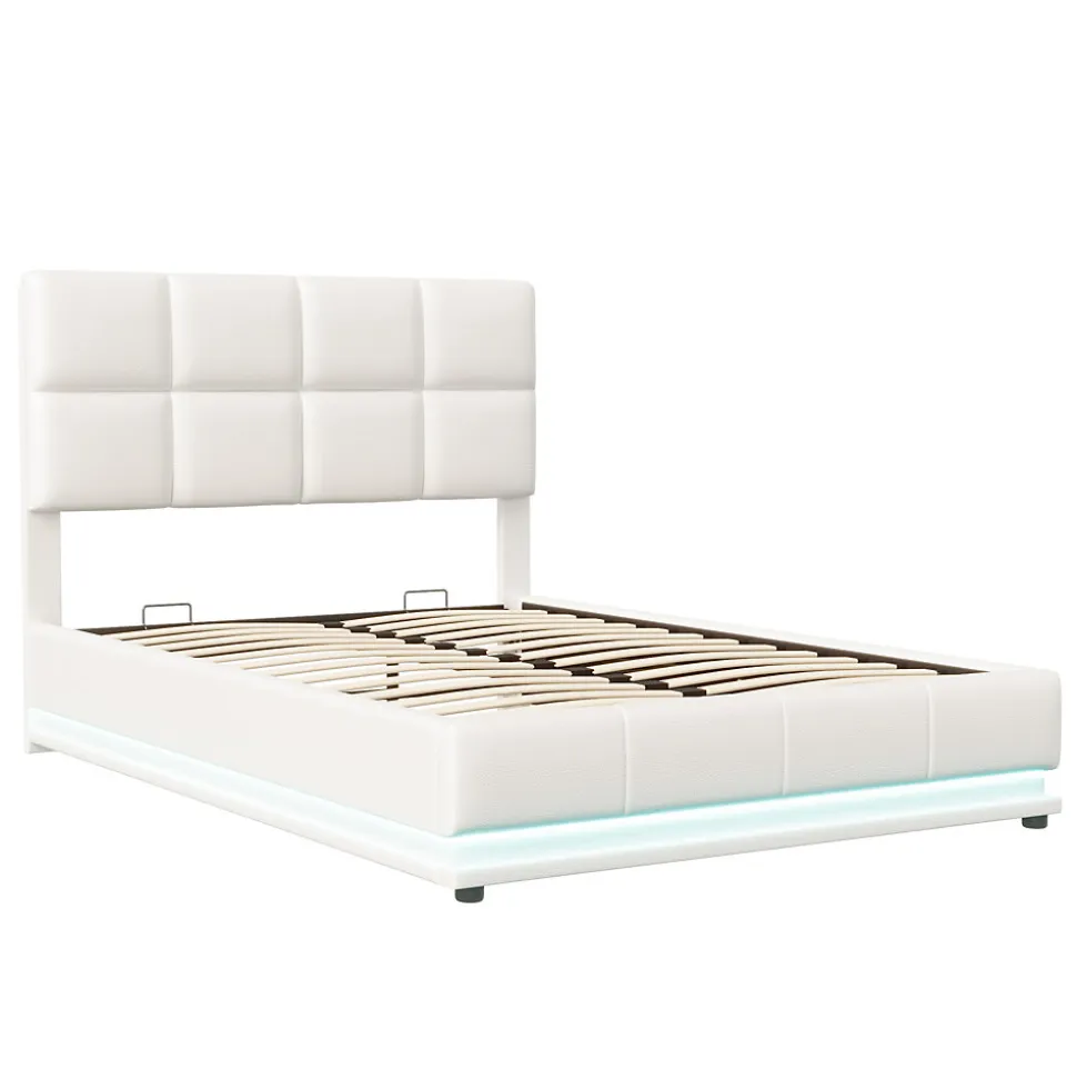 Lit coffre 140x190 cm, Lit doub LED capitonné relevable hydraulique avec sommier à lattes, Blanc