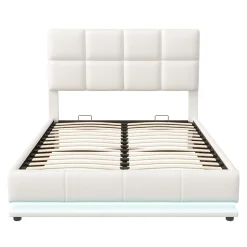 Lit coffre 140x190 cm, Lit doub LED capitonné relevable hydraulique avec sommier à lattes, Blanc