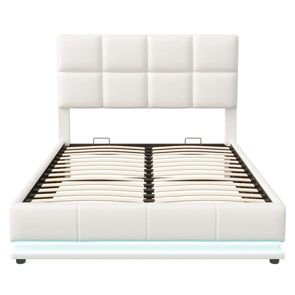 Lit coffre 140x190 cm, Lit doub LED capitonné relevable hydraulique avec sommier à lattes, Blanc