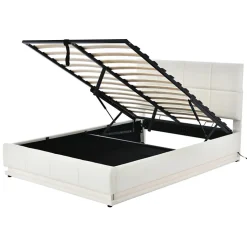 Lit coffre 140x190 cm, Lit doub LED capitonné relevable hydraulique avec sommier à lattes, Blanc