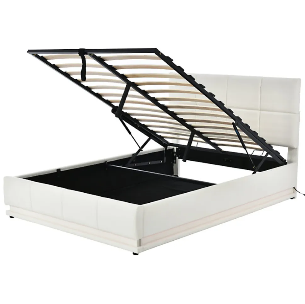 Lit coffre 140x190 cm, Lit doub LED capitonné relevable hydraulique avec sommier à lattes, Blanc