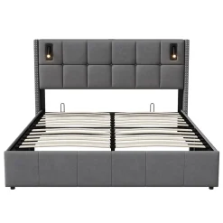 Lit coffre 160x200 cm, Lit double avec rangement et sommier à lattes, tissu en velours, lumière de lecture, Gris