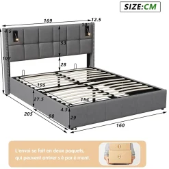 Lit coffre 160x200 cm, Lit double avec rangement et sommier à lattes, tissu en velours, lumière de lecture, Gris