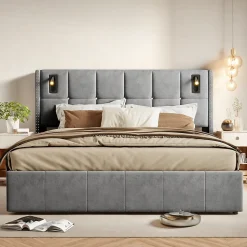 Lit coffre 160x200 cm, Lit double avec rangement et sommier à lattes, tissu en velours, lumière de lecture, Gris